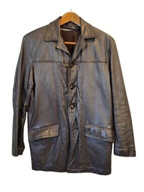 Vintage | Mens Button Front Leather Jacket Black Zip in Fleece Insert